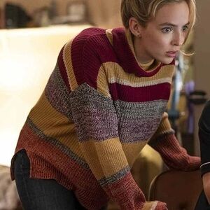 Urban Outfitters Jodie Comer FREE GUY StripeD Chunky Knit Turtleneck Sweater SM